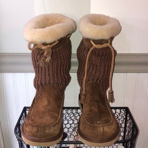 UGG Australia:brown knitted/suede w cream fur trim
